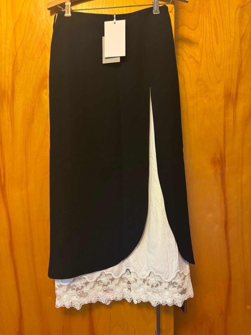 HELSA black midi pencil skirt with high slit and white lace trim -new